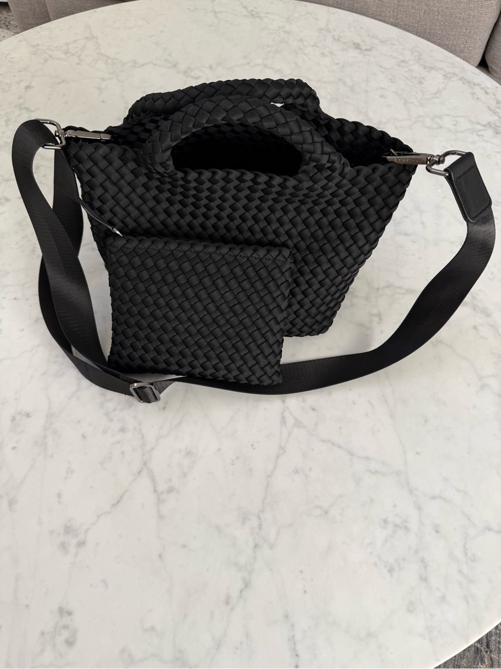 Naghedi St Barths Mini Tote Black Woven Neoprene Crossbody Bag w/ Pouch